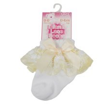 S115-WL: White Lace Socks w/Lemon Flower Trim & Bow (NB-18 Months)